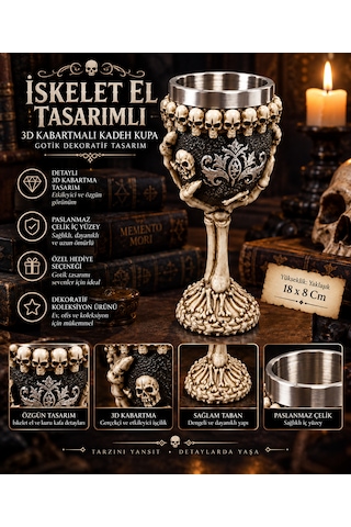 İskelet El Tasarımlı 3d Kabartmalı Paslanmaz Çelik Kadeh Kupa Gotik Dekoratif Tasarım Çok Renkli