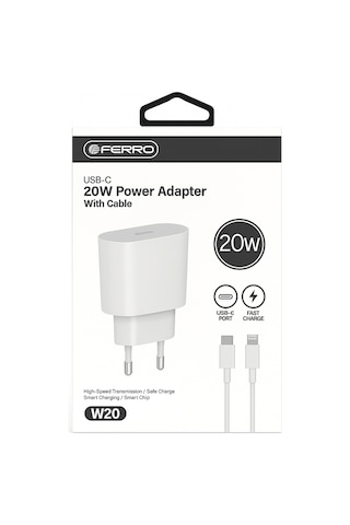 Ferro W20 Apple Uyumlu iPhone Tüm Modeller İçin Hızlı Şarj Aleti Set 20w Adaptör & Usb-c Kablo