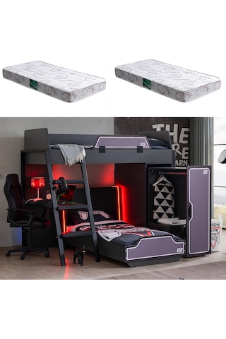 Ranzalı Oyuncu Odası, Gamer Ranza Ledli Karyola Masa Dolap 2 Adet Comfort Yatak 90 X 190 CM