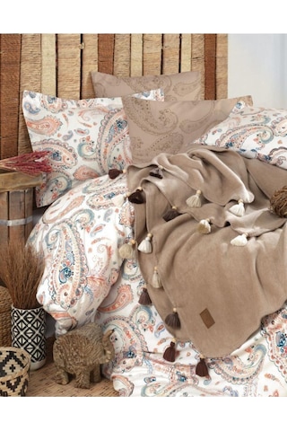 Çift Kişilik Pamuk Battaniyeli Nevresim Takımı Boho Chic Cappucino Kahve Renkli