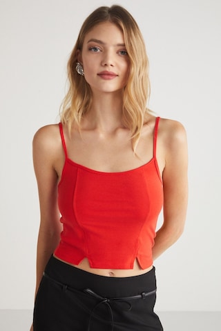 Ethıquet Mıkela Kadın Viskon Askılı Yırtmaçlı Vücüdu Saran Crop Kırmızı Body