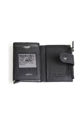 Guard Leather Mekanizmalı Hakiki Deri Kartlık Cüzdan Patlı, Fermuarlı Bozuk Para Bölmeli, 10 Kart Kapasiteli, Siyah Çok Renkli