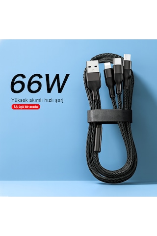 Ultra Dayanıklı 3 Lü 66w Şarj Kablosu 6a 6 Çip 2000 Kez Bükülmeye Dayanıklı 1.2 Metre 1.2M 3ın1