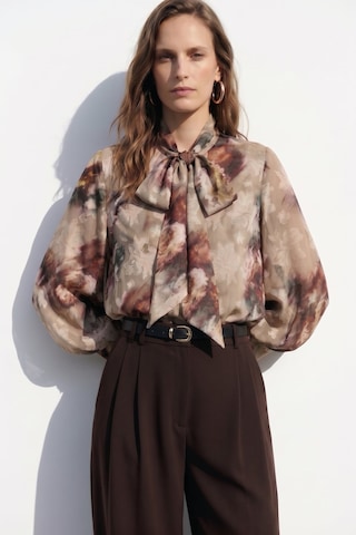 Sateen Fularlı Desenli Gömlek - Vizon-137422