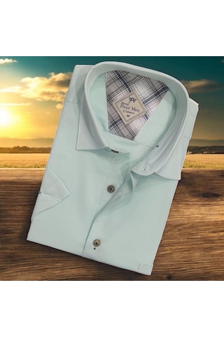 Linen Keten Klasik Mint Kısa Kollu Erkek Gömlek Regular Kalıp -10085 Mint Yeşili