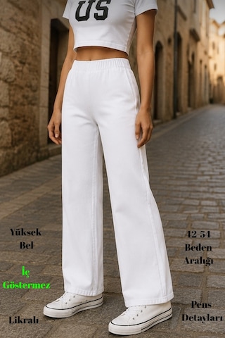 Cedy Denim Cedy Denım- Likralı Kumaş Cepsiz Beli Lastikli Palazzo Pantolon C640 Beyaz