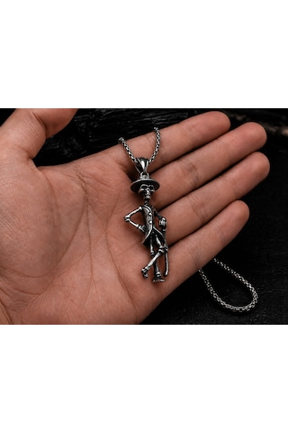 Paslanmaz Çelik Gotik Still Şapkalı İskelet Kolye Bastonlu Kuru Kafa Kolye Antik Gümüş
