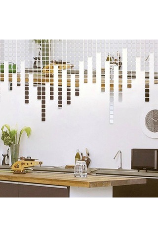 Fosenze Dıy Akrilik Küçük Ayna Wall Sticker Seti - Gümüş Renkli Kare Mosaik Duvar Dekoru 100 Adet Gümüş