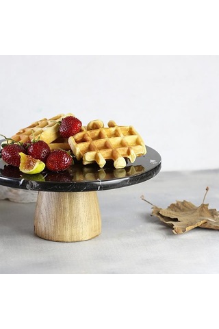 Akayev Mermer 25 Cm Konik Ahşap Ayaklı Siyah Yuvarlak Sunum Tabağ