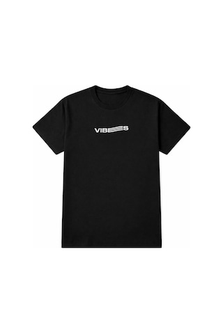 Unisex Vibes Baskılı Oversize Tişört %100 Pamuk Bisiklet Yaka Günlük Streetwear Trend T-shirt Siyah