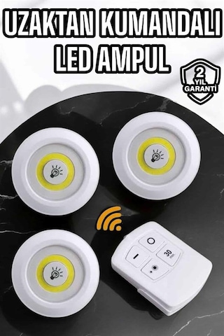 Spot Lamba Led Işık 3'lü Uzaktan Kumandalı Pilli Yapışkanlı Kablosuz Yeni Nesil 1