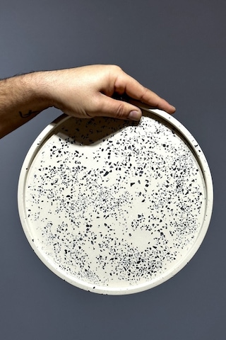 Dekoratif Terrazzo Yuvarlak Tepsi 26 Cm Beton Mermer Desenli Sunumluk Organizer Tepsi Marble