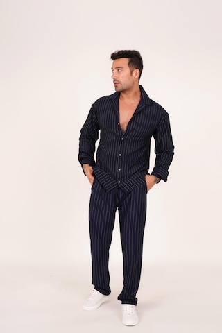 Alaçatı Stili Erkek Krep Kumaş Çizgili Gömlek Ve Pantolon Takım Lacivert