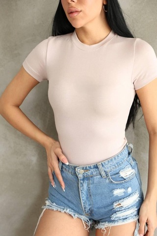 Moda Banuş Premıum Kalite Bej Esnek Buzzy Kumaş Bisiklet Yaka Kısa Kol Basic Body