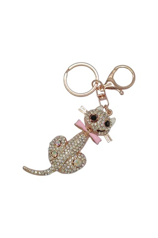 Kristal Taşlı Pembe Papyon Kedi Anahtarlık No.1 Gümüş