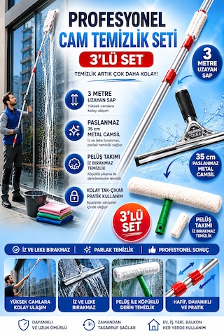 Profesyonel Cam Temizlik Seti 3 Parça - 3 Metre Uzayan Sap + Peluş Aparat + 35 Cm Camsil Profesyonel Cam Temizlik Seti 3 Parça - 3 Metre Uzayan Sap + Peluş Aparat + 35 Cm Camsil