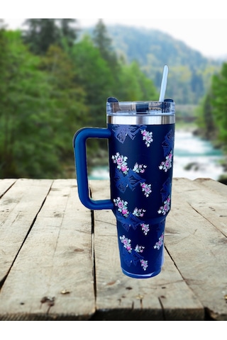 Pipetli 1,2 Litre Kulplu Çelik Termos Renkli - Lacivert Lacivert