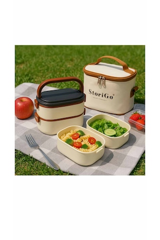 Superpup Lunch Box Beslenme Kutusu + Termos Çantalı Beslenme Yemek Saklama Taşıma Bej