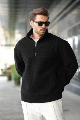 Madmext Siyah Yarım Fermuarlı Dik Yaka Polar Sweatshirt E7165 Siyah