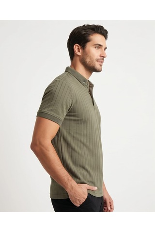 Özeniş Erkek Polo Yaka Slim Fit Çizgili Desen Kaşkorse T-shirt Haki