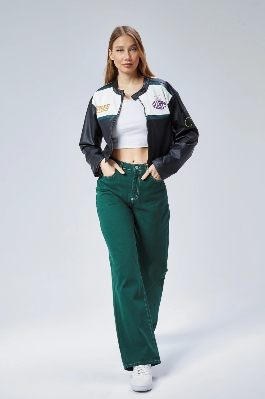 Kadın Oversize Baskılı Deri Şeritli Motorcu Montu Kısa Fermuarlı Yarışçı Ceketi Bomber Kolej Mont Yeşil