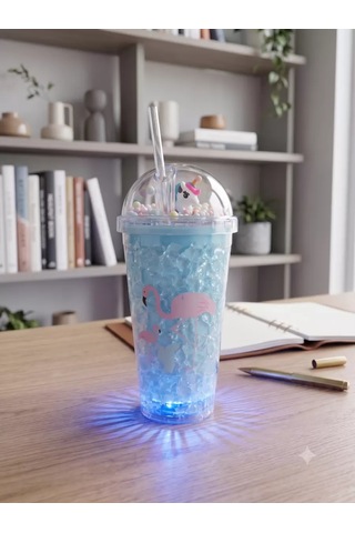 Işıklı Unicorn Ve Flamingo Desenli Çift Katmanlı Jel Buzlu Pipetli Bardak - 450ml - Renk Değiştiren Led Tabanlı Belirtilmemiş