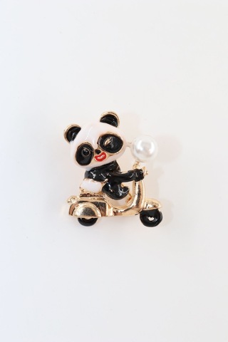 Bir Tutam Neşe Motorlu Yavru Panda Broş Taşlı İncili Gold Siyah Beyaz Pandalı Kadın Yaka İğnesi Siyah - Beyaz