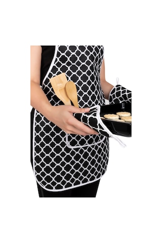 Morlay Mutfak Önlüğü Fırın Eldiveni ve Tutacak Takımı Çeyiz Seti 4'lü Siyah