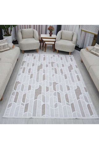 Krem Bej Geometrik Oval Desenli Saçaklı Kaymaz Jel Tabanlı Modern Halı 1