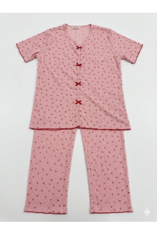 Sleeproom Yazlık Pembe Kiraz Desenli Kısa Kol Penye %100 Pamuk Pijama Takım Pembe Kırmızı Kiraz