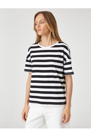 Koton Relax Fit Tişört Kısa Reglan Kollu Pamuklu Siyah Çizgili 1yap13207ek Siyah