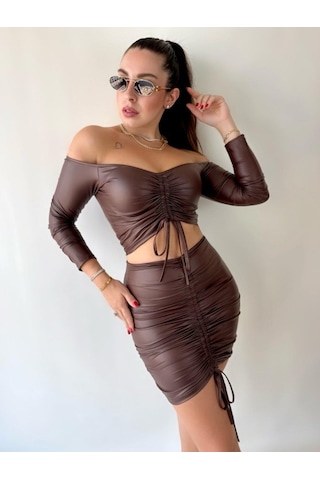 Simala Kadın Büzgülü Deri Etek Takım Fırsat Ürün Kahve