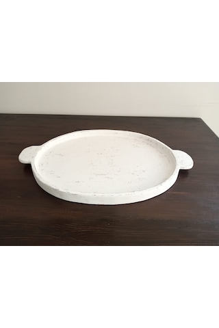 Orion Serisi Büyük Boy Kulplu Eskitme Beyaz El Yapımı Kırılmaz Sunum Tepsisi 33x53 Cm