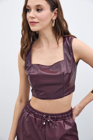 Sateen Kare Yaka Deri Crop - Bordo-135670 Bordo