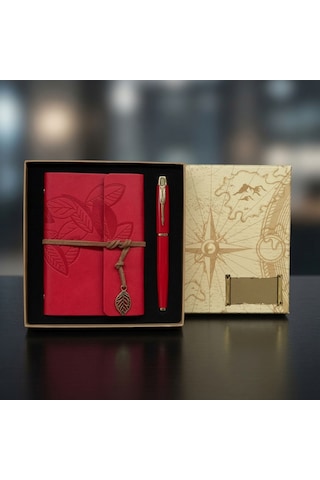 Premium Kurumsal Set Hatıra Eşyası Not Alma Pusula Motif Kutulu Kırmızı Defter Ve Kalem Seti Çok Renkli