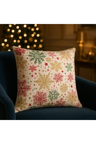 Krem Zeminli Yılbaşı Kırlent Kılıfı Çok Renkli Kar Tanesi Desenli 40 * 40
