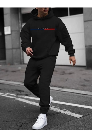 Paris Çizgili Eşofman Takımı Sweatshirt Jogger - Siyah Baskılı Oversize Şardonlu Kapüşonlu Siyah