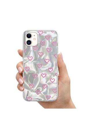 Apple İphone 12 Uyumlu Kılıf Zebana Pink Heart Silikon Kılıf Pembe