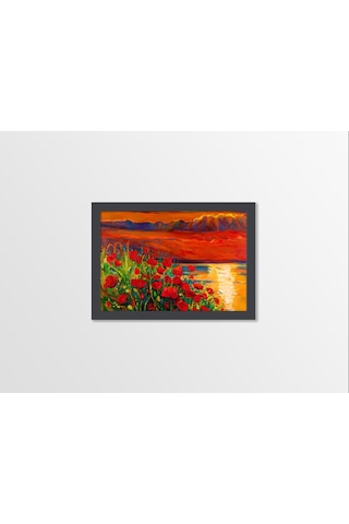 Ahşap Kendinden Çerçeveli Tablo - Yag Lı Boya Gün Batımı Kırmızı Gelincik, Standart - 20x28cm