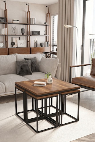 Lizbon 4+1 Kare Sehpa Takımı Siyah Metal - Barok Tabla