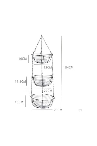 Novahub Demir Asılı Meyve Sepeti Retro, 3 Katmanlı Organizatör, Paslanmaz, Mutfak Dekorasyonu Siyah
