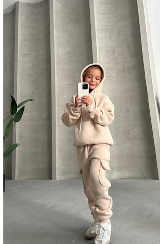 Üç İplik Kapüşonlu Şardonlu Takım Kahverengi - Beyaz