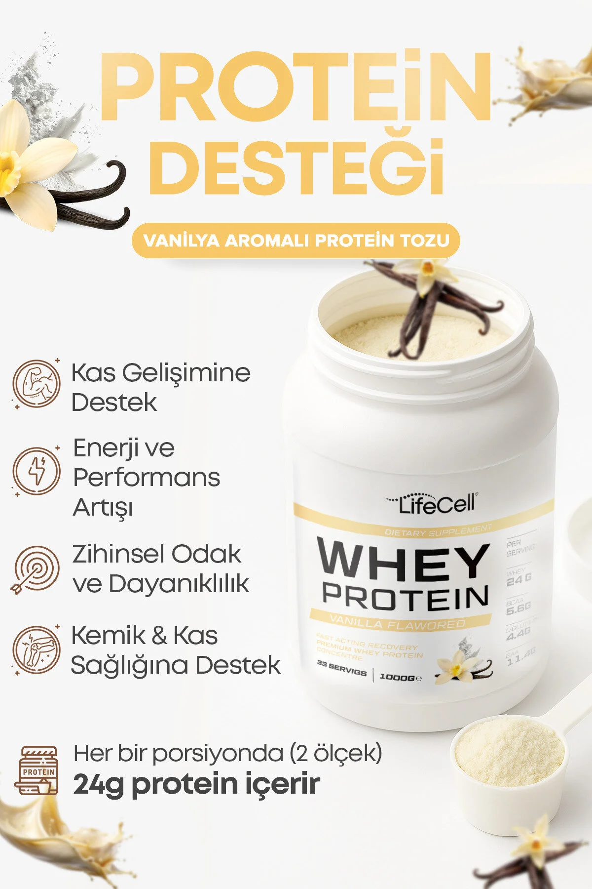 Whey Protein Tozu Vanilya Aromalı 33 Servis - 1000g