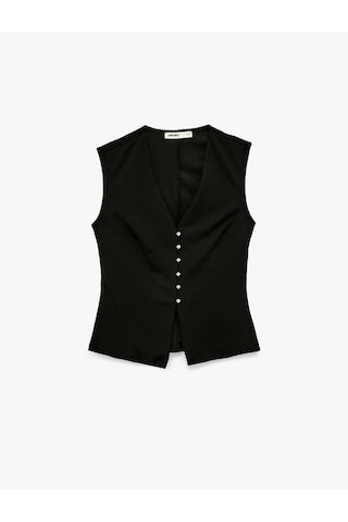 Koton Krep Scuba Kumaş Düğmeli Hafif Peplum Kesim Yelek Siyah 6sak30022ek Siyah