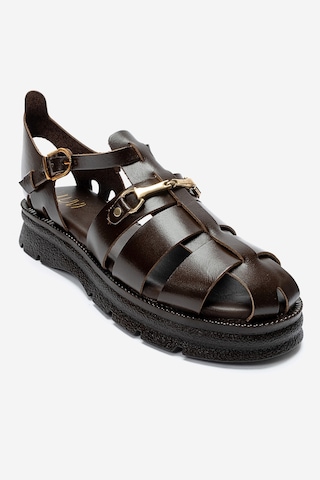 Luvishoes Rıela Kahverengi Hakiki Deri Tokalı Kadın Sandalet
