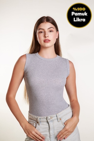 Kadın Gri Fitilli Likralı Sıfır Kol Bisiklet Yaka Örme Atlet Tshirt Bluz Gri