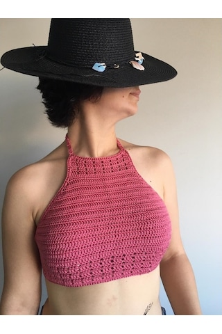 Tuyy El Örgüsü Özel Tasarım Pembe Renk Bikini Üstü Büstiyer