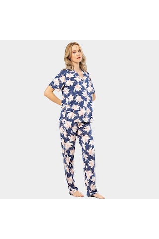 Türen Yaprak Desenli Kısa Kollu Gömlek Yaka Pijama Takımı 3355/lacivert 001