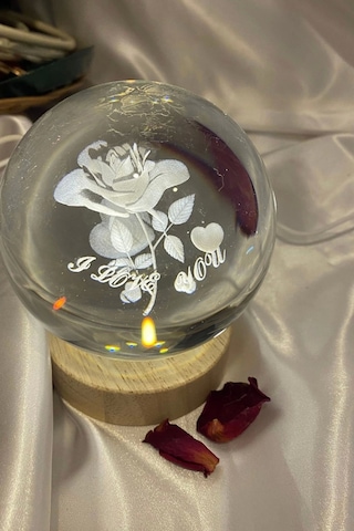 3d Led Işık Cam Küre Tek Renk Ahşap Gül I Love You Büyük Boy 10 Cm