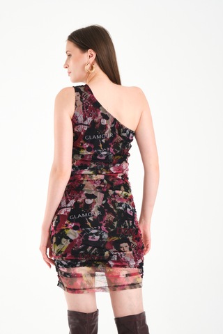 Tek Omuz Tül Elbise Pembe